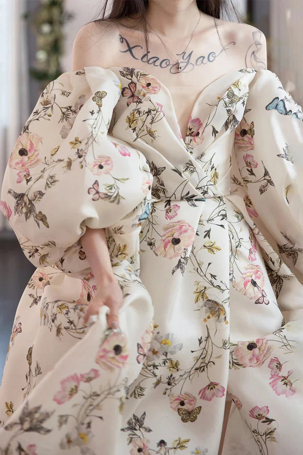 Stylish Printed Pattern Long Prom Dress White Long Sleeve Evening Party Dress