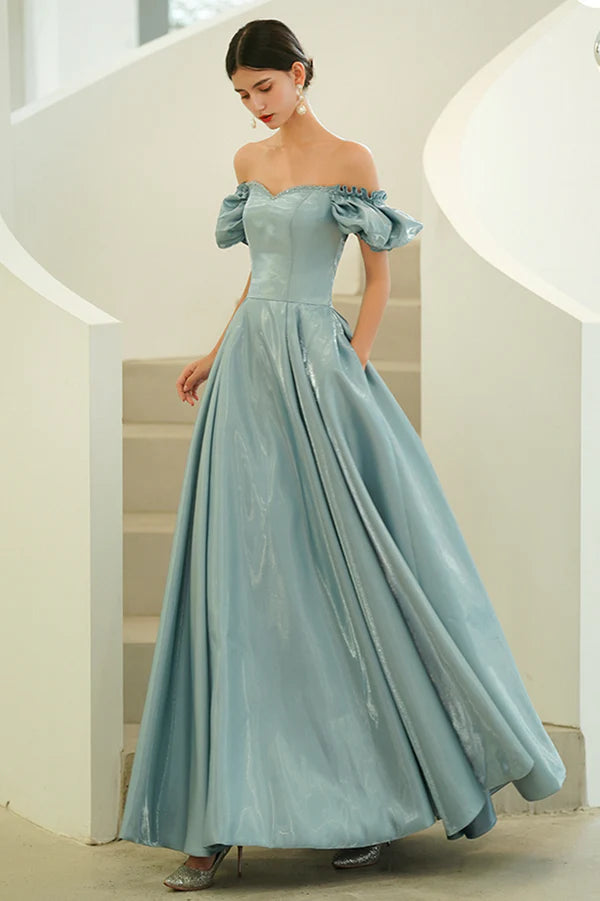 Blue Satin Long A-Line Prom Dress Off the Shoulder Evening Party Dress