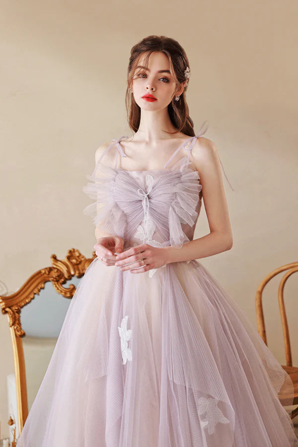 Cute Tulle Lace Long A-Line Prom Dress Spaghetti Straps Evening Dress