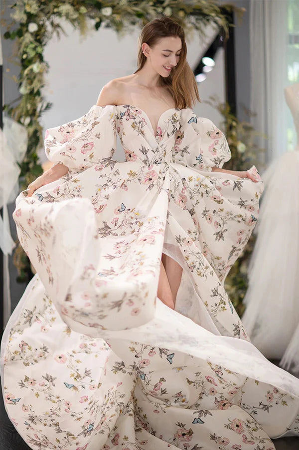 Stylish Printed Pattern Long Prom Dress White Long Sleeve Evening Party Dress