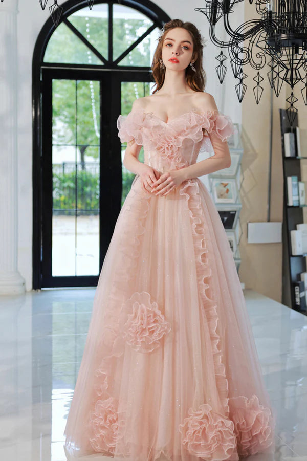 Pink Tulle Long A-Line Prom Dress Lovely Off the Shoulder Evening Dress