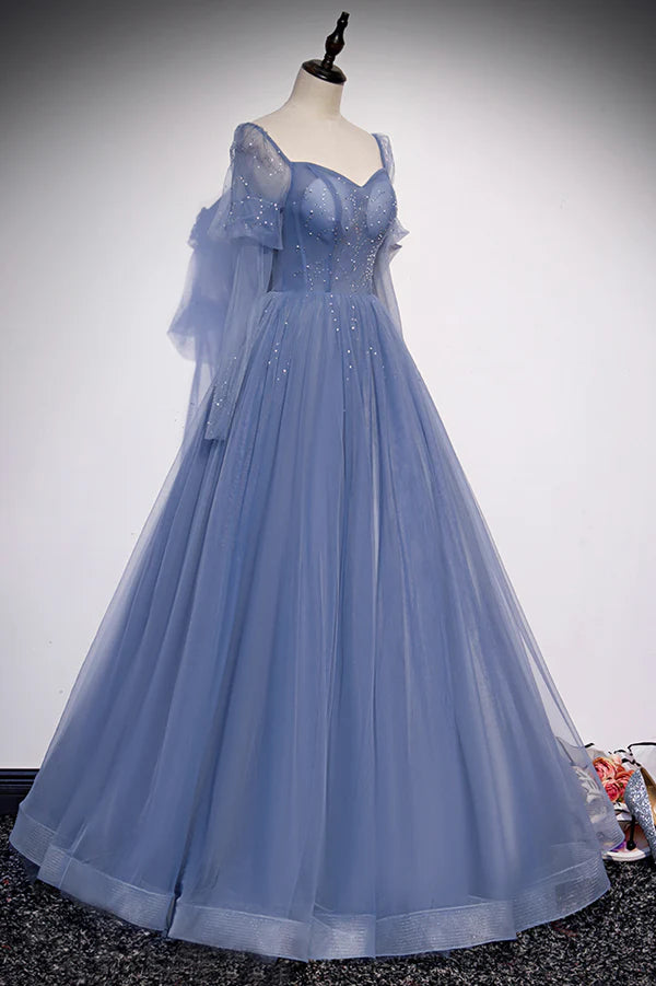 Blue Tulle Long Sleeve Prom Dress A-Line Blue Evening Party Dress