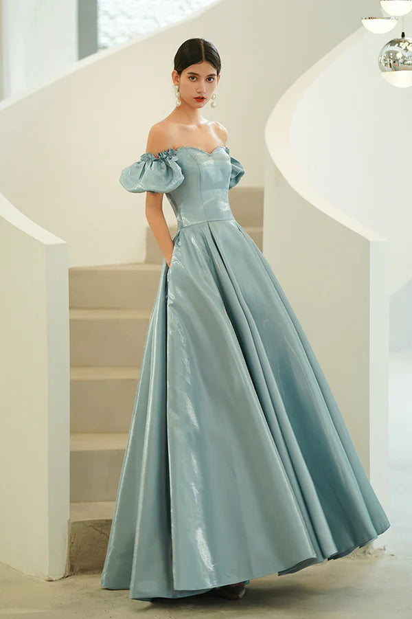Blue Satin Long A-Line Prom Dress Off the Shoulder Evening Party Dress