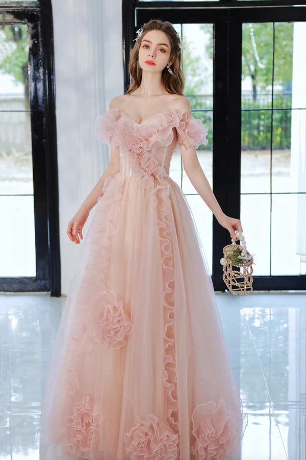 Pink Tulle Long A-Line Prom Dress Lovely Off the Shoulder Evening Dress
