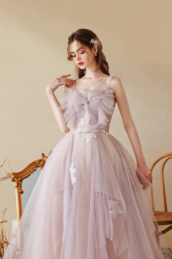 Cute Tulle Lace Long A-Line Prom Dress Spaghetti Straps Evening Dress