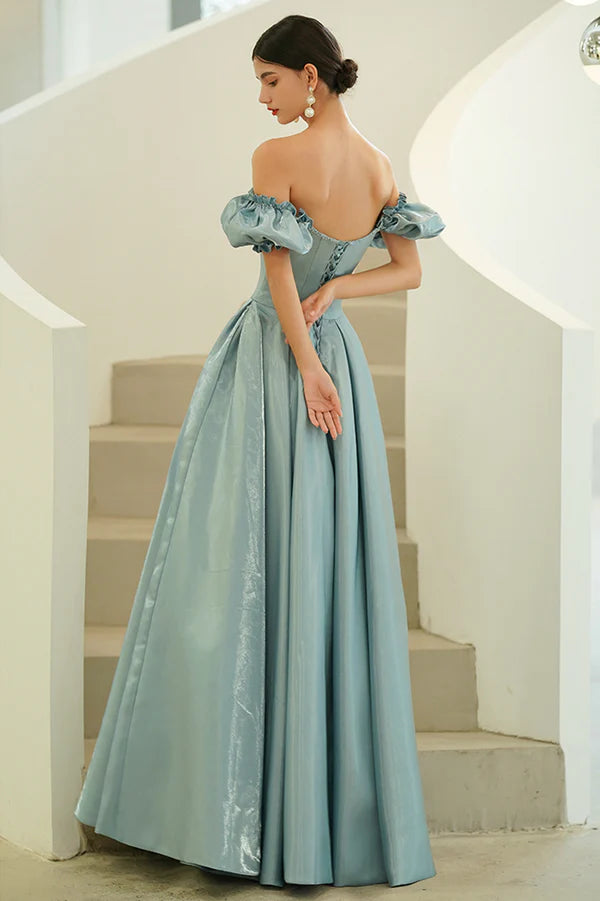 Blue Satin Long A-Line Prom Dress Off the Shoulder Evening Party Dress