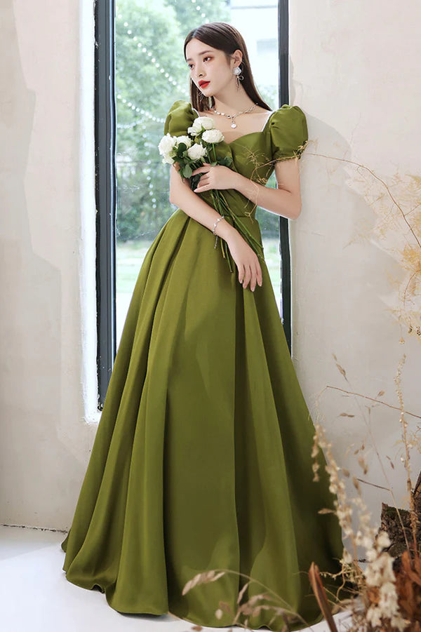 Green Satin Long A-Line Prom Dress Short Sleeve Evening Party Dress