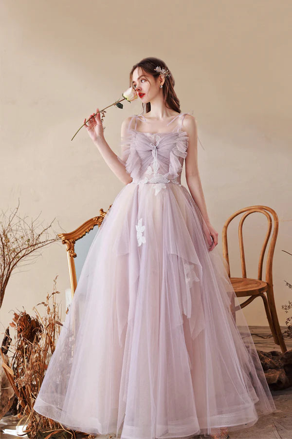 Cute Tulle Lace Long A-Line Prom Dress Spaghetti Straps Evening Dress
