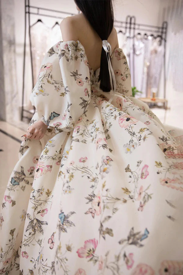 Stylish Printed Pattern Long Prom Dress White Long Sleeve Evening Party Dress