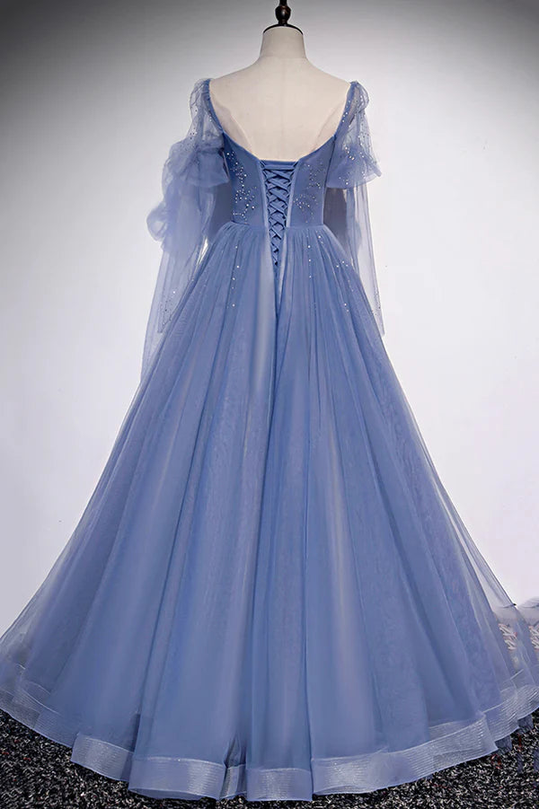 Blue Tulle Long Sleeve Prom Dress A-Line Blue Evening Party Dress