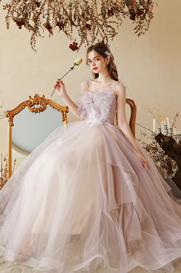 Cute Tulle Lace Long A-Line Prom Dress Spaghetti Straps Evening Dress