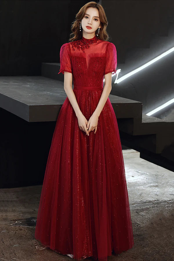 Burgundy Tulle Long A-Line Prom Dress Burgundy Lace Evening Dress