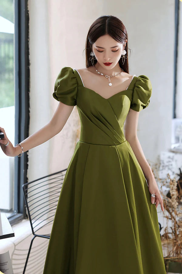Green Satin Long A-Line Prom Dress Short Sleeve Evening Party Dress