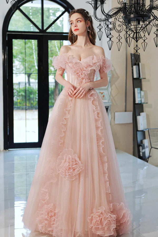 Pink Tulle Long A-Line Prom Dress Lovely Off the Shoulder Evening Dress