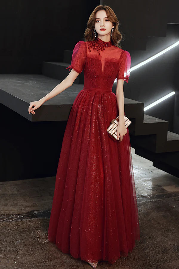 Burgundy Tulle Long A-Line Prom Dress Burgundy Lace Evening Dress