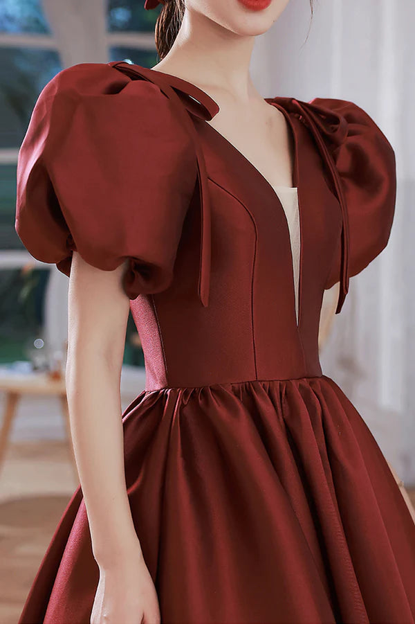 Burgundy Satin Long A-Line Prom Dress V-Neck Short Sleeve Evening Dress