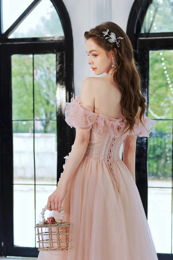 Pink Tulle Long A-Line Prom Dress Lovely Off the Shoulder Evening Dress