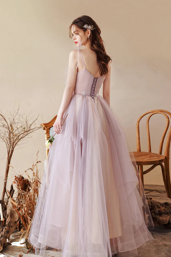Cute Tulle Lace Long A-Line Prom Dress Spaghetti Straps Evening Dress