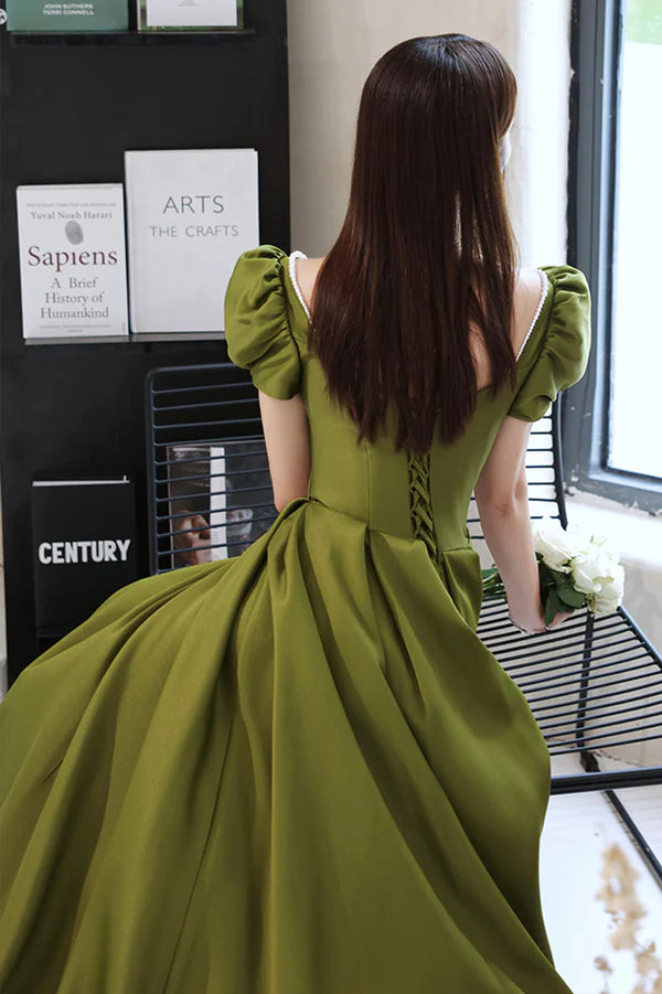 Green Satin Long A-Line Prom Dress Short Sleeve Evening Party Dress