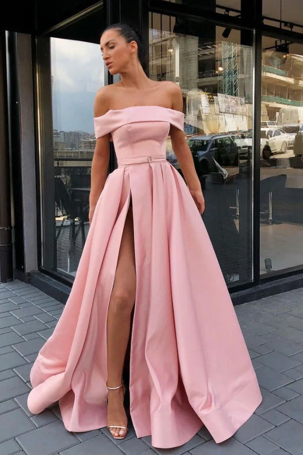Pink Satin Long A-Line Prom Dress Simple Off the Shoulder Evening Dress with Slit
