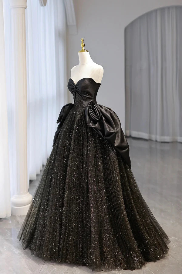 Black Strapless Satin and Tulle Long Prom Dress Beautiful A-Line Evening Party Dress