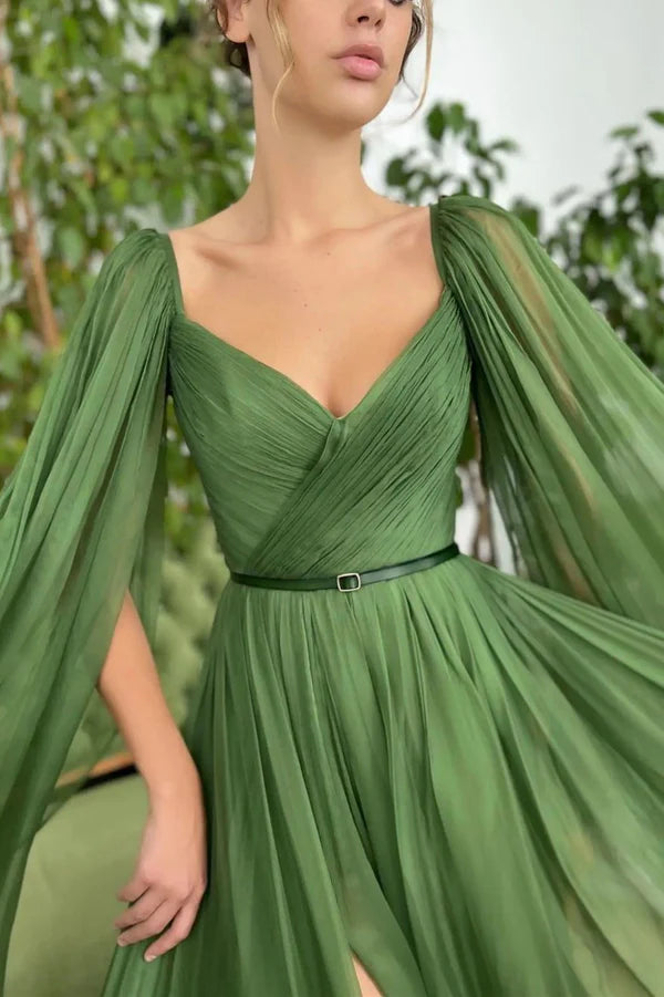 Green Chiffon Long A-Line Prom Dress Long Sleeve Evening Graduation Dress