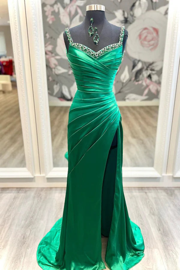 Mermaid Satin Long Prom Dress Green Satin Evening Dress with Beaded