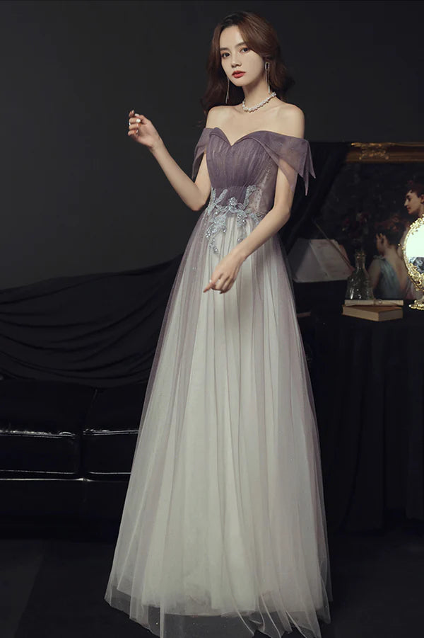 Purple Tulle Long A-Line Prom Dress Off the Shoulder Evening Graduation Dress