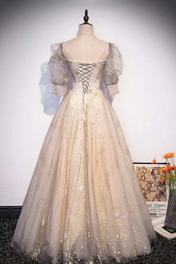 Champagne Tulle Sequins Long Prom Dress Cute 1/2 Sleeve Party Dress
