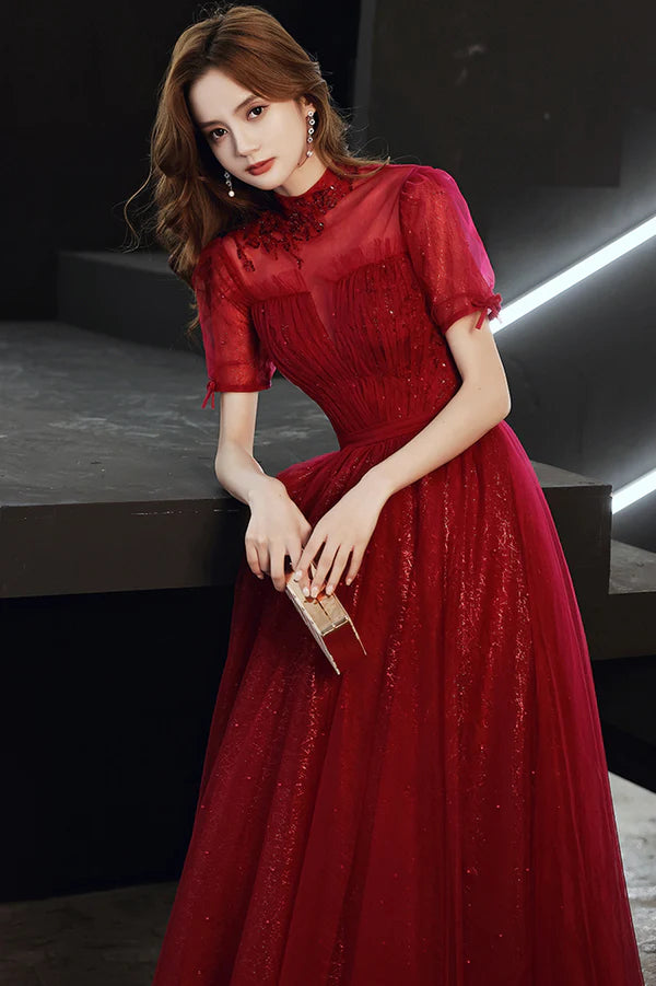 Burgundy Tulle Long A-Line Prom Dress Burgundy Lace Evening Dress