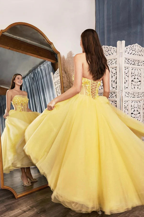 Yellow Tulle Long Prom Dress with Lace Yellow Strapless Evening Party Dress