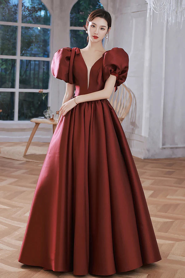 Burgundy Satin Long A-Line Prom Dress V-Neck Short Sleeve Evening Dress