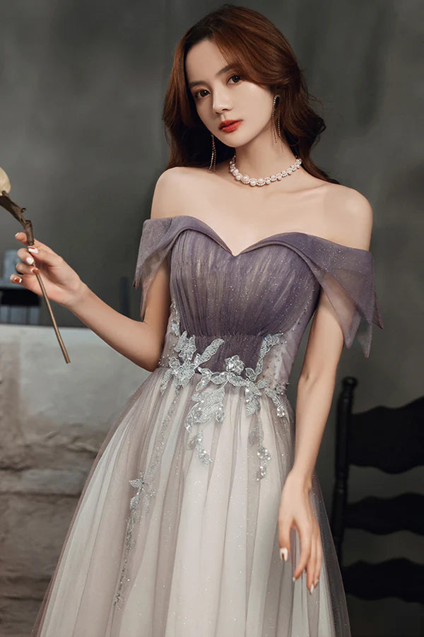 Purple Tulle Long A-Line Prom Dress Off the Shoulder Evening Graduation Dress