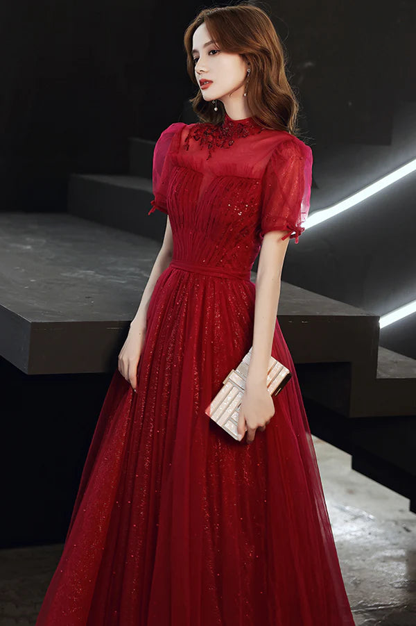 Burgundy Tulle Long A-Line Prom Dress Burgundy Lace Evening Dress