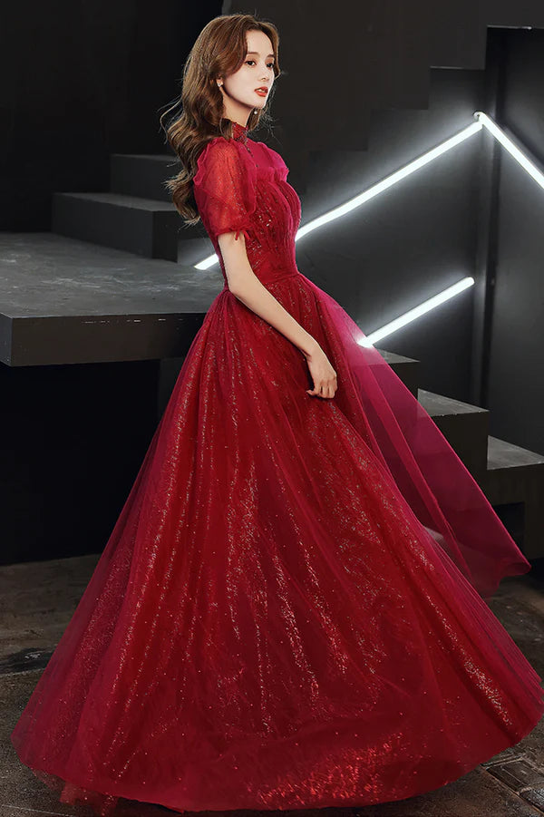 Burgundy Tulle Long A-Line Prom Dress Burgundy Lace Evening Dress