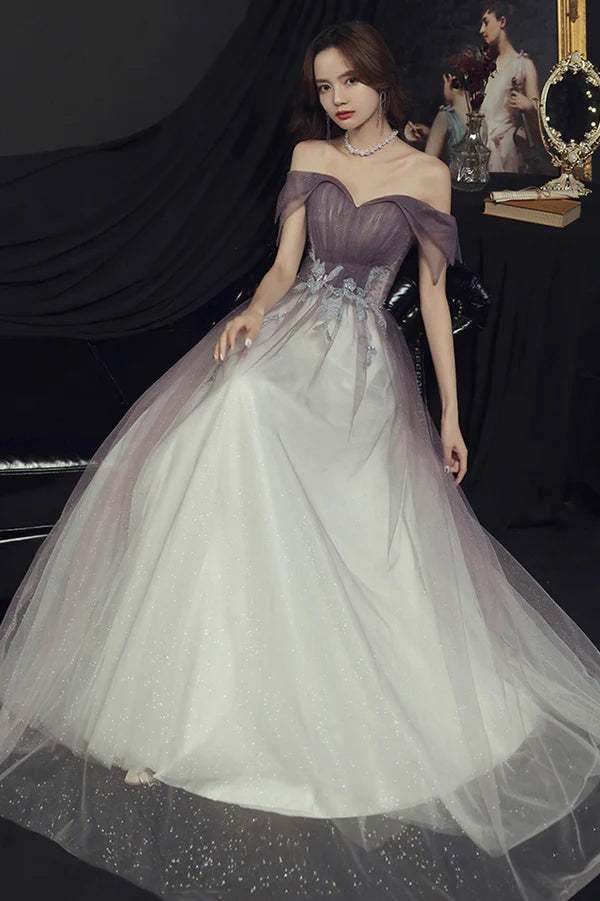 Purple Tulle Long A-Line Prom Dress Off the Shoulder Evening Graduation Dress