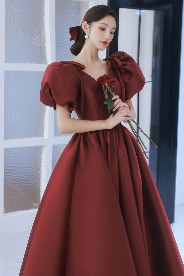 Burgundy Satin Long A-Line Prom Dress V-Neck Short Sleeve Evening Dress