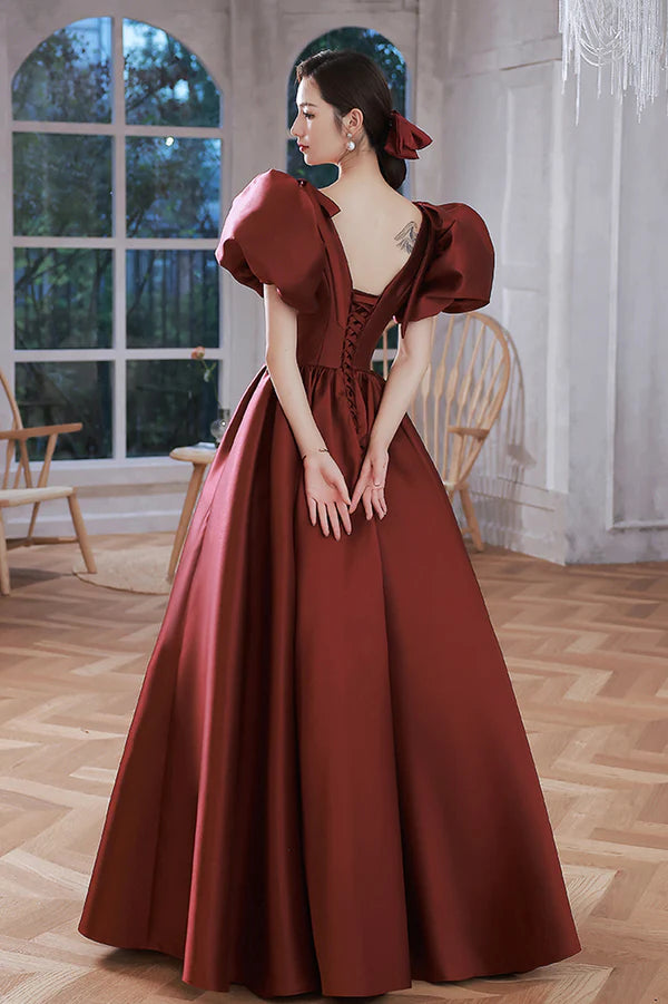 Burgundy Satin Long A-Line Prom Dress V-Neck Short Sleeve Evening Dress