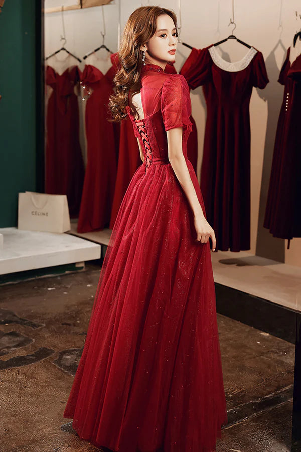 Burgundy Tulle Long A-Line Prom Dress Burgundy Lace Evening Dress