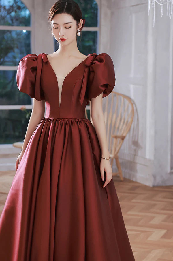 Burgundy Satin Long A-Line Prom Dress V-Neck Short Sleeve Evening Dress