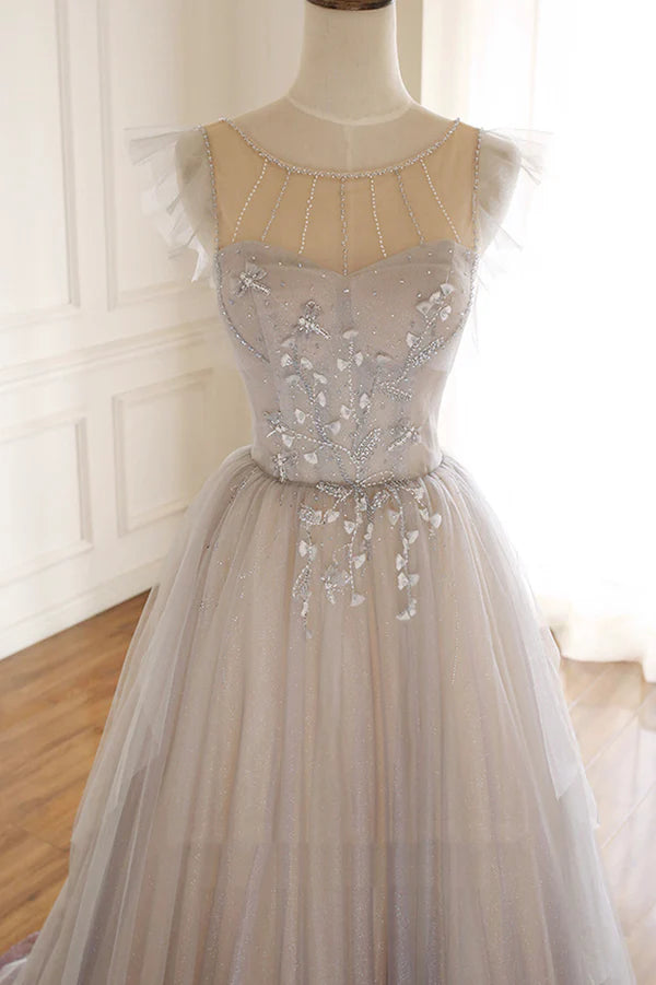 A-Line Scoop Neckline Tulle Long Prom Dress with Beaded Evening Party Dress