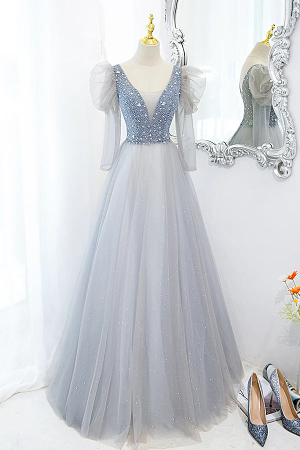 Cute V-Neck Tulle Long Prom Dress with Beaded A-Line Long Sleeve Evening Dress