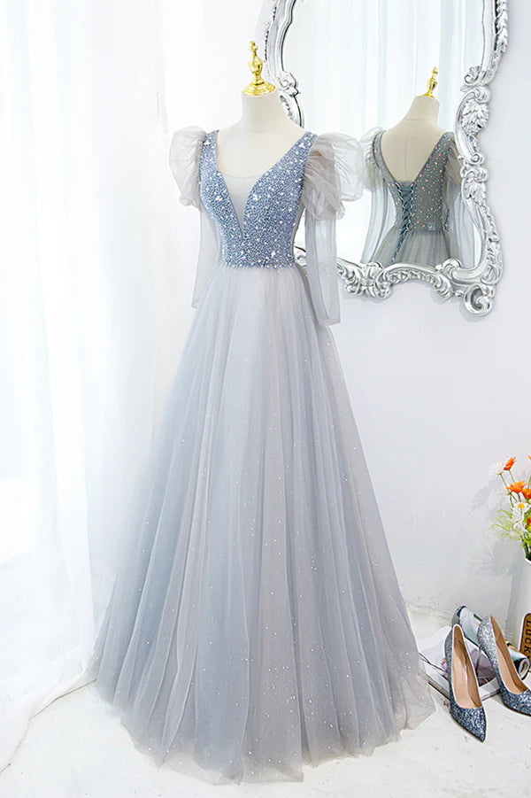 Cute V-Neck Tulle Long Prom Dress with Beaded A-Line Long Sleeve Evening Dress