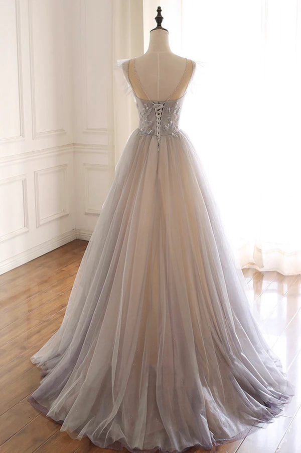 A-Line Scoop Neckline Tulle Long Prom Dress with Beaded Evening Party Dress