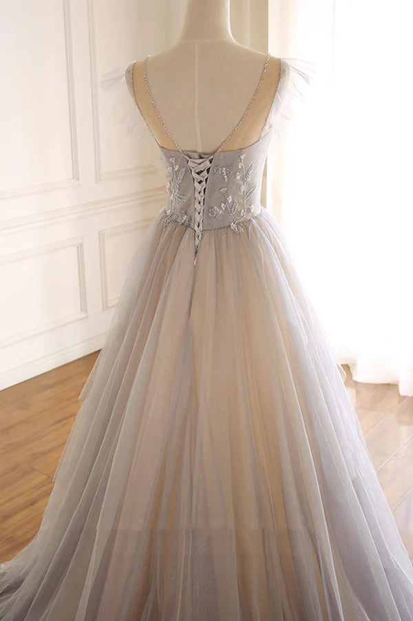 A-Line Scoop Neckline Tulle Long Prom Dress with Beaded Evening Party Dress