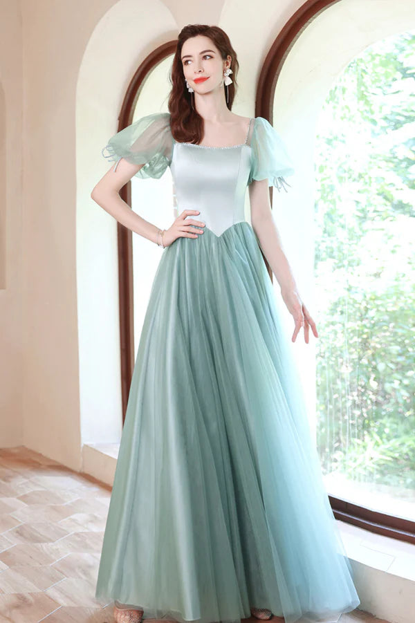 A-Line Satin Tulle Long Prom Dress Green Short Sleeve Evening Party Dress