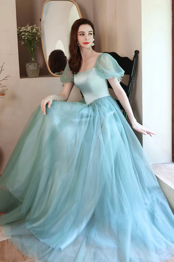 A-Line Satin Tulle Long Prom Dress Green Short Sleeve Evening Party Dress