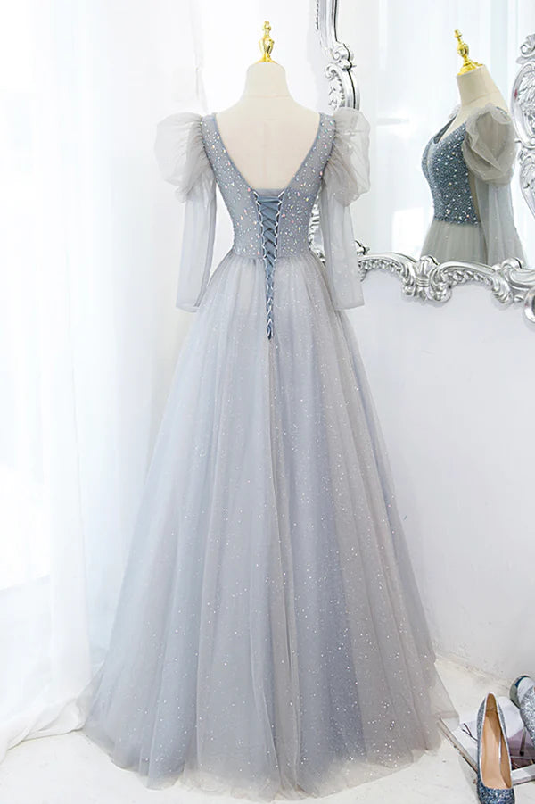 Cute V-Neck Tulle Long Prom Dress with Beaded A-Line Long Sleeve Evening Dress