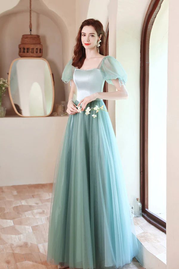 A-Line Satin Tulle Long Prom Dress Green Short Sleeve Evening Party Dress