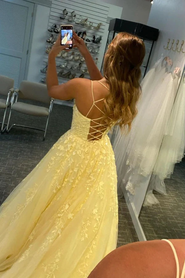 Yellow Tulle Lace Long Prom Dress A-Line Backless Graduation Party Dress